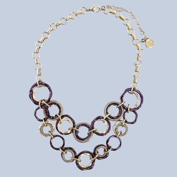 Gold Tone Purple Concentric Ring Necklace Chunky Geometric Chain Link Jewelry - Picture 2 of 8